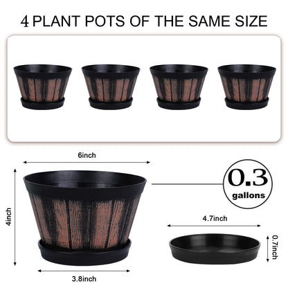 Quarut Plant Pots Set of 4 Pack 12 inch,Large Whiskey Barrel Planters with Drainage Holes & Saucer.Plastic Flower Pots Imitation Wine Barrel Design, for Indoor & Outdoor Garden Home Plants (Brown)