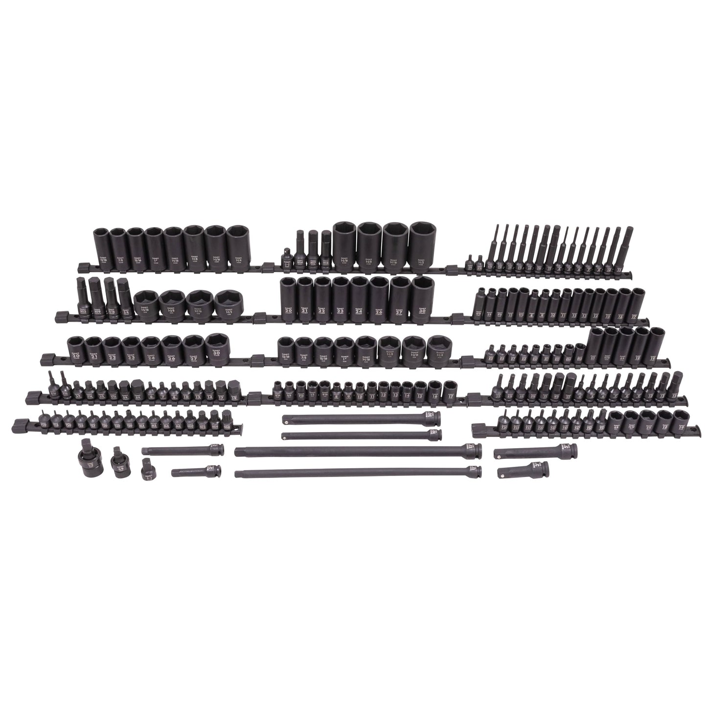 SUNEX Tools 80 Piece 3/8 in. Drive Master Impact Socket Set, Universal, Star, External Star, Extensions, Universal Joint, SAE and Metric, 8mm to 19mm and 5/16 in. to 3/4 in., CR-MO Steel, Model 3580