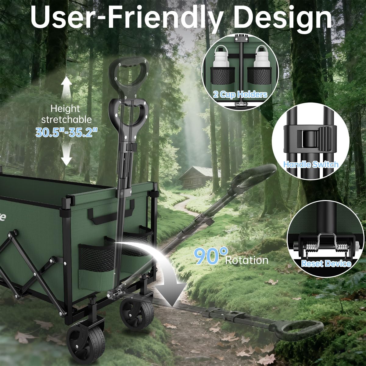Extra Long Collapsible Wagon Cart, 480LBS Heavy Duty Utility Wagons with All-Terrain Wheels, Foldable Grocery Carts for Gardening, Shopping, Beach, Camping, Black