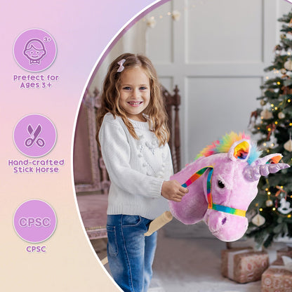 HollyHOME Plüsch Einhorn Steckenpferd mit Holzrädern Echten Pony Wiehern und Galoppieren Geräuschen Plüschtier Rosa 94 cm (AA Batterien Benötigt)