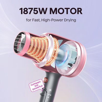 Wavytalk Ionen-Haartrockner mit Diffusor und Zentrierdüse, leichter leiser Föhn, leistungsstarker 1875-Watt-Motor für geschmeidiges und schnelles Trocknen der Haare, Rosenpink