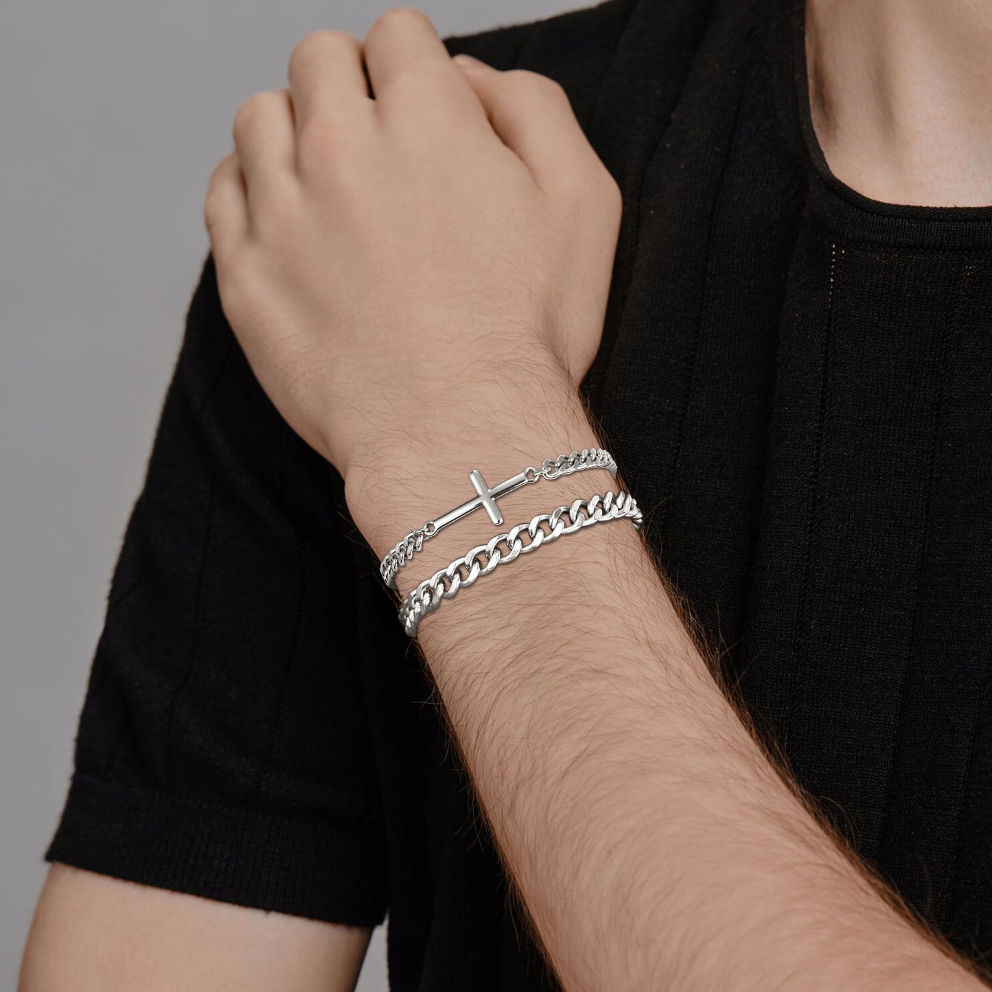 DAYANEY 3 Stücke Herrenarmband Silberarmbänder für Männer Set Wasserdicht Edelstahl Herrenschmuck, Verstellbares Cuban Gliederarmband Osterkorb Füller für Ihn, Vater oder Sohn Pulseras Para Hombre