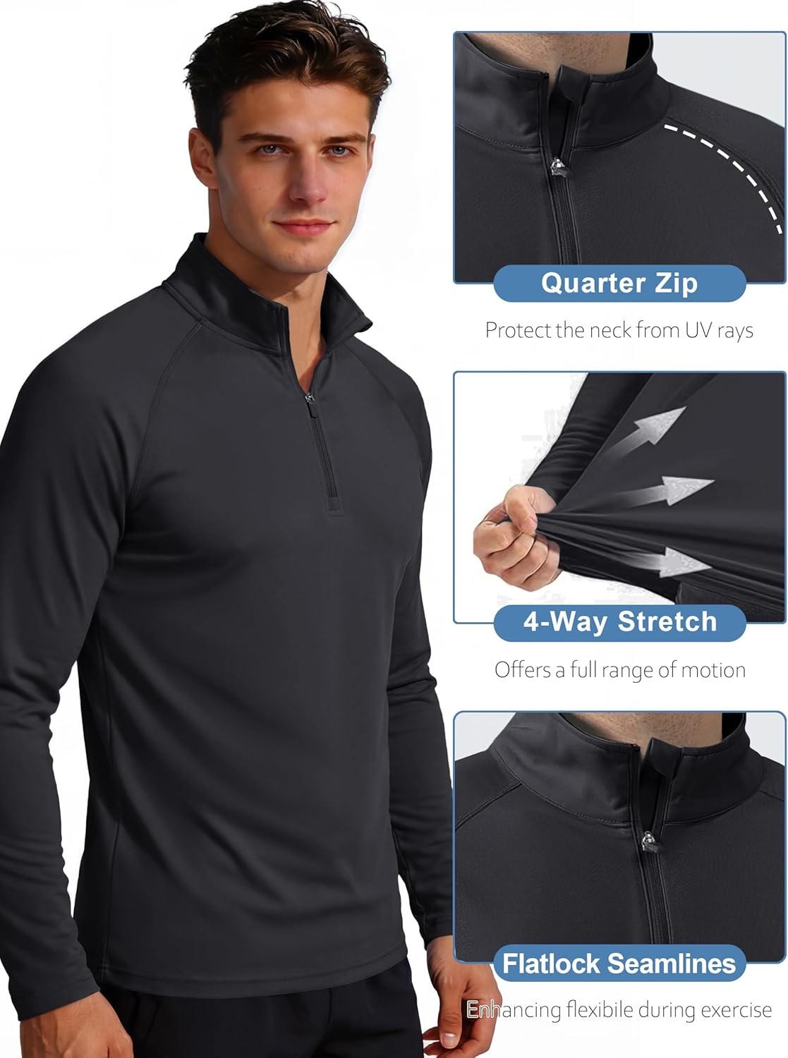 MAGCOMSEN Herren Langarm Sonnenschutzshirt UPF 50+ T-Shirt mit 1/4 Reißverschluss zum Angeln, Laufen, Rash Guard T-Shirt, Outdoor-Shirt