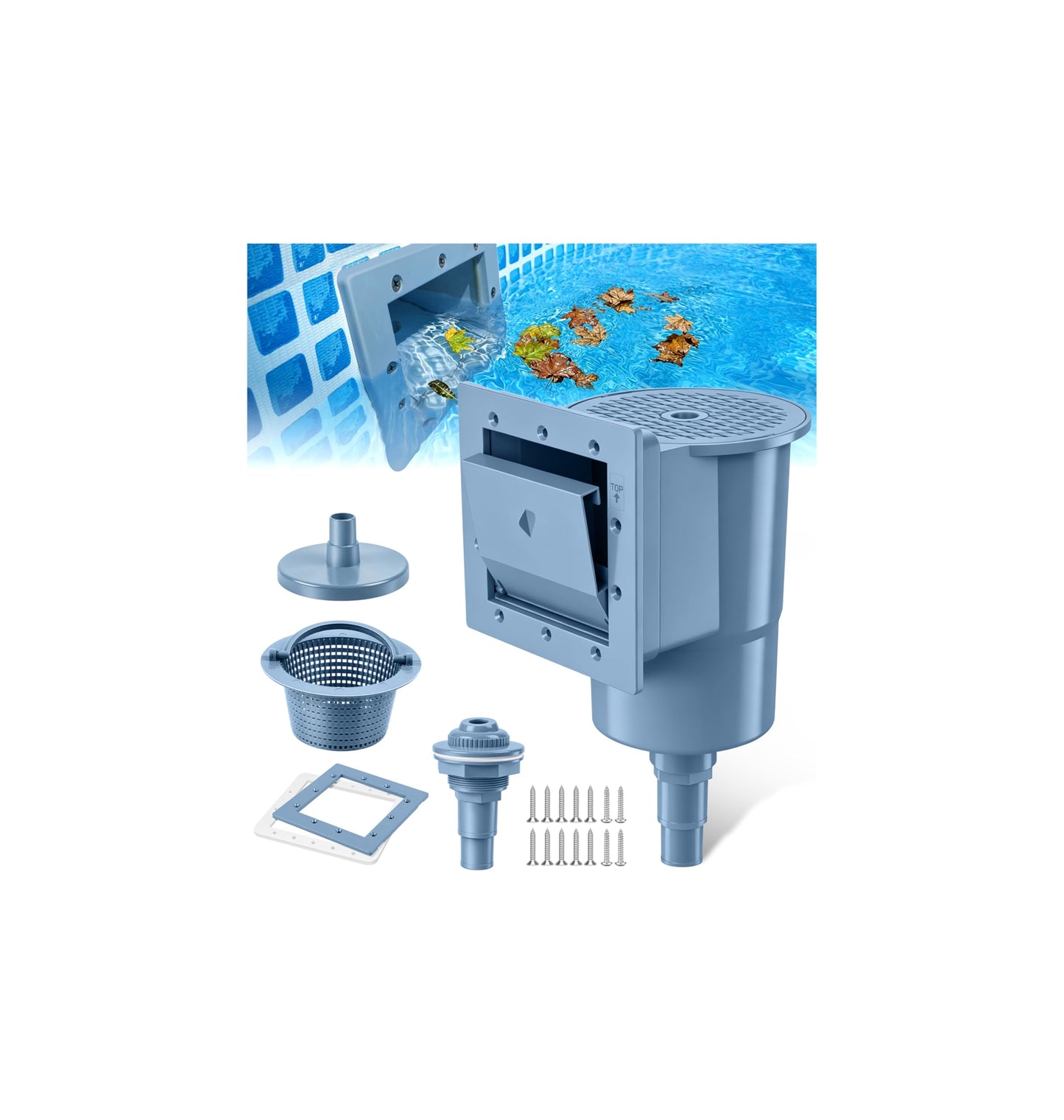 DeeprClean Upgrade Above Ground Pool Skimmer Comes with 3 Socks, Anti-tilt Wall Mount Surface Skimmer, Removable Skimmer Basket, Adjustable Height Bracket, Auto Skimming Pool Surface Leaves - Blue