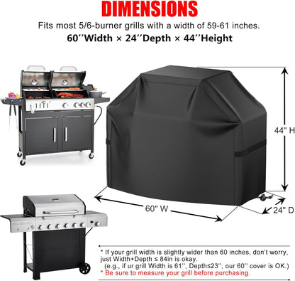 Grillabdeckung, 58 Zoll BBQ Gasgrill Abdeckung für Outdoor-Grills, Wasserdicht, UV-Schutz, Reißfest, Farbecht, Grillabdeckung mit Klettverschlussgurten und verstellbarem Saumzugband, Schwarz