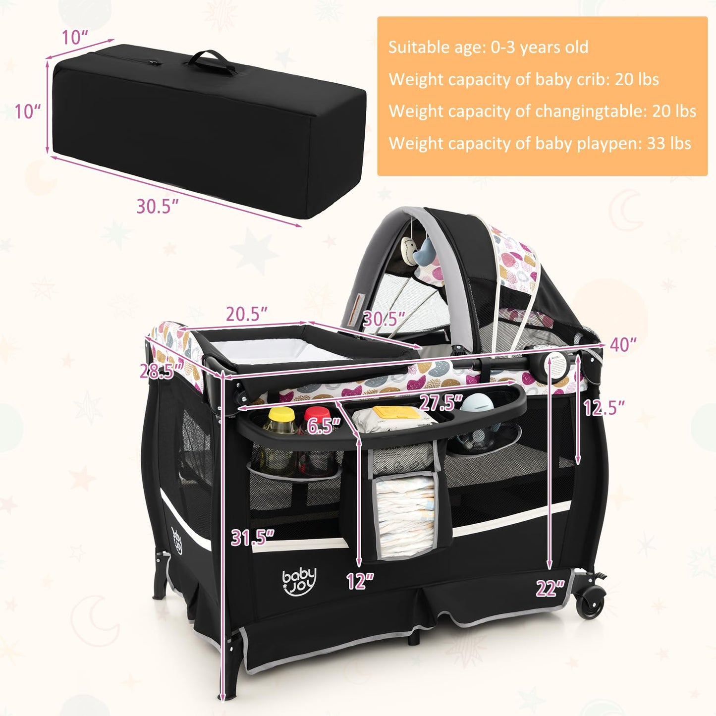 BABY JOY 4 in 1 Pack and Play, Portable Baby Playard with Bassinet & Flip-Away Changing Table, Canopy, Portable Bedside Crib with Storage Basket, Oxford Bag, Infant Bassinet from Newborn to Toddlers