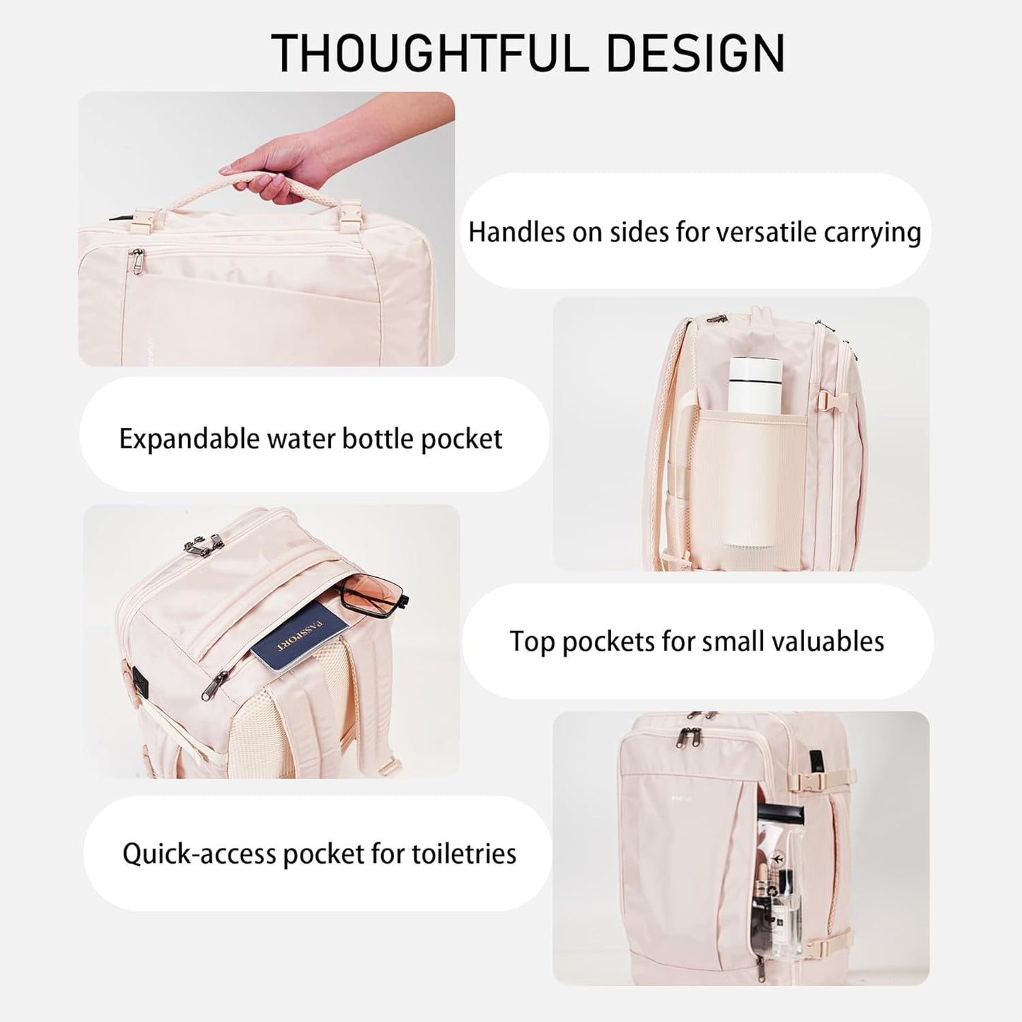 ECOHUB 16'' Reise-Rucksack Handgepäck Unterseat-Rucksack Persönlicher Gegenstand Flugzeug-Reisetasche mit 13 Taschen Handgepäck Flaschenhalter USB-Ladeanschluss Casual Daypack für Frauen Männer Schwarz