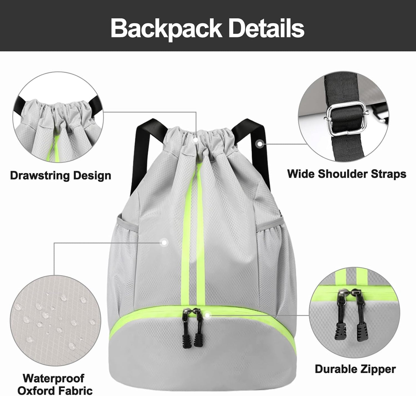 Hoedia Sports-Kordelzugrucksack – Schwimm-Turnbeutel mit Schuhfach und wasserdichter Tasche für Damen und Herren