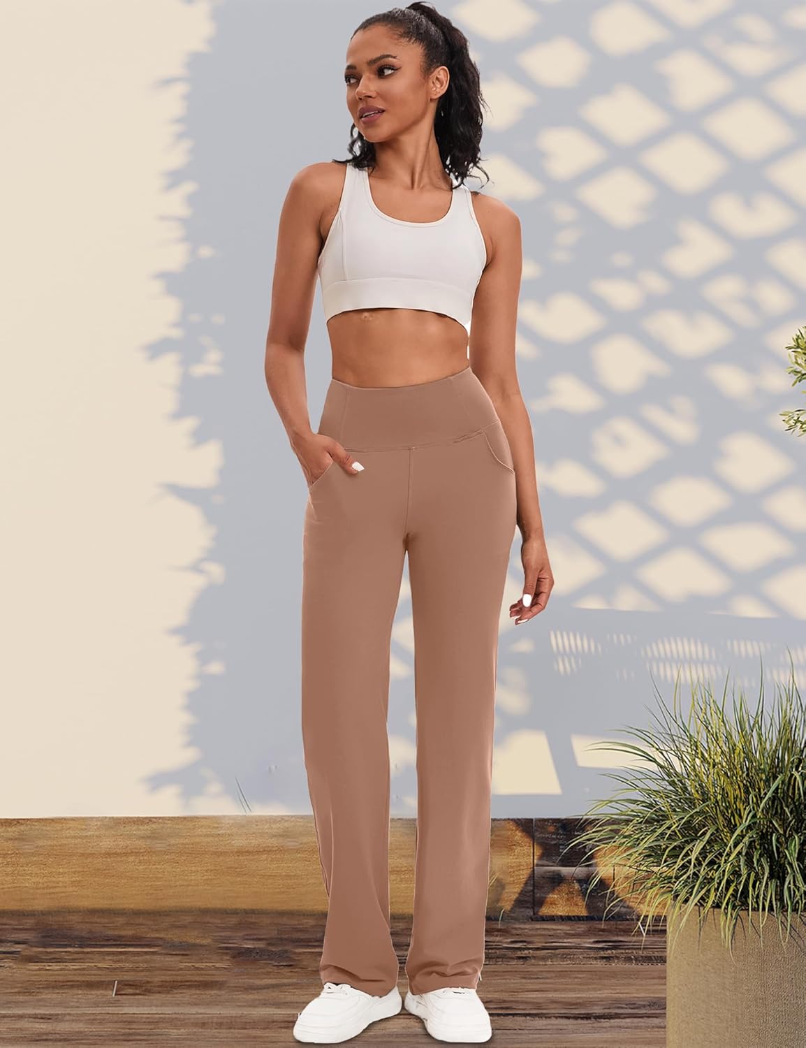 VOOVEEYA Yogahosen für Damen mit Taschen, gerade geschnittene Hose mit weitem Bein, hochtaillierte Business-Hose, petite/regulär//lang
