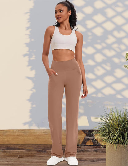 VOOVEEYA Yogahosen für Damen mit Taschen, gerade geschnittene Hose mit weitem Bein, hochtaillierte Business-Hose, petite/regulär//lang