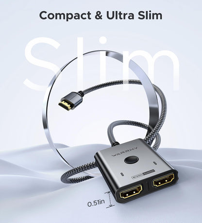 HDMI-Umschalter 2 Eingänge 1 Ausgang 4K@60Hz, WARRKY [mit 1m festem geflochtenen HDMI-Kabel, Aluminiumgehäuse, 2K@144Hz, HDCP 2.2] Bidirektionaler 2x1 Switcher Splitter kompatibel mit PS5/4, Xbox, Roku, FireStick, Switch