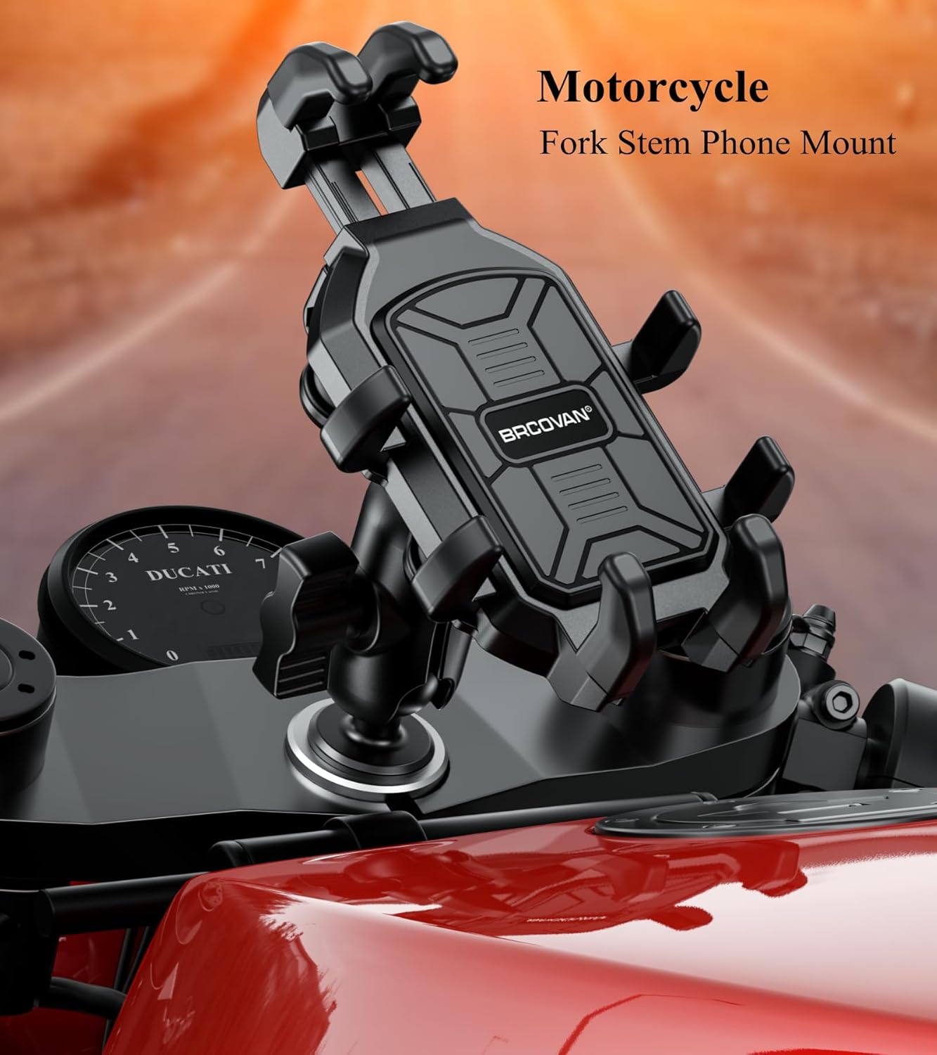 BRCOVAN Motorcycle Fork Stem Phone Mount with Vibration Dampener | Heavy Duty Cellphone Holder Fit Stem Tubes 12mm-25.4mm in Diameter, Adjustable for 5.4 - 6.9'' Smartphone