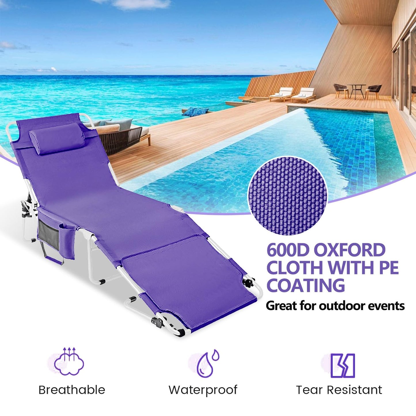 Tanning Chair with Face Hole, Adjustable Folding Chaise Lounge Chairs for Outside with Detachable Pillow & Pocket，Portable flat beach chairs for sunbathing, beach lawns camping (Purple, Standard)