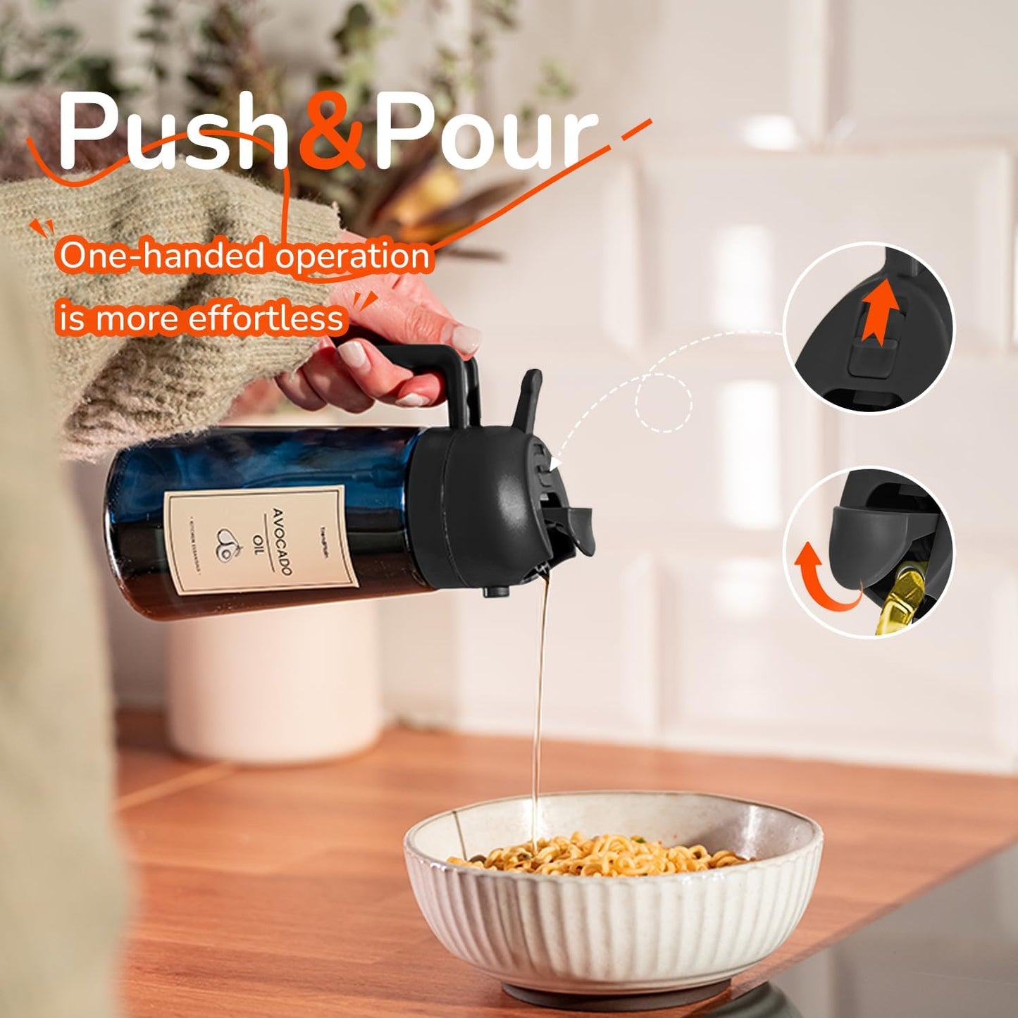TrendPlain Botella dispensadora de aceite de oliva de 470 ml para utensilios de cocina - Dispensador y pulverizador 2 en 1 - Pulverizador de aceite de oliva con pegatinas (bloqueo de luz) - Sin BPA - Negro