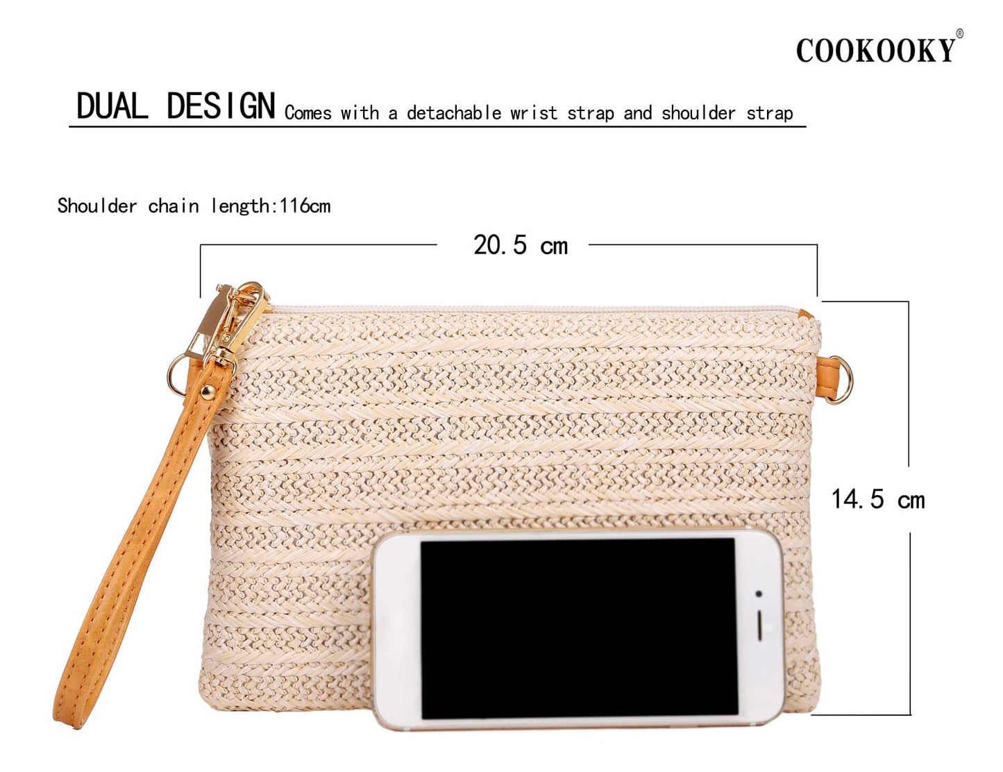 COOKOOKY Damen Stroh-Clutch, böhmische Reißverschluss-Handgelenktasche, Sommer Strand Meer Geldbörse (Beige-Weiß)