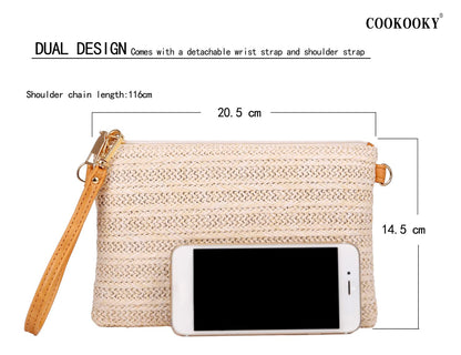 COOKOOKY Damen Stroh-Clutch, böhmische Reißverschluss-Handgelenktasche, Sommer Strand Meer Geldbörse (Beige-Weiß)