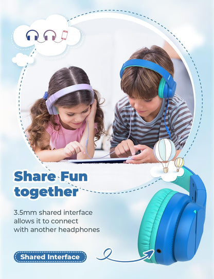 iClever Kinderkopfhörer für Schule und Reisen, sichere Lautstärkebegrenzung, HD-Mikrofon, Stereo-Sound Over-Ear-Kopfhörer für Mädchen und Jungen, FunShare Faltbar, 3,5 mm kabelgebunden für iPad Computer, HS19