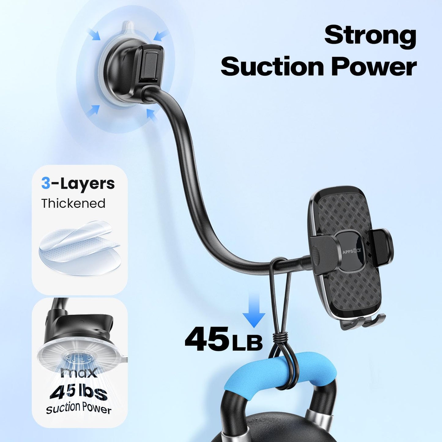 APPS2Car 14'' Gooseneck Car Phone Holder,Heavy Duty Phone Holder for Truck, [Flexibile Long Arm] [Anti Shake stabilizer] Windshield Car Phone Mount Suction Cup,Fit for iPhone, Samsung (Mirror Black)