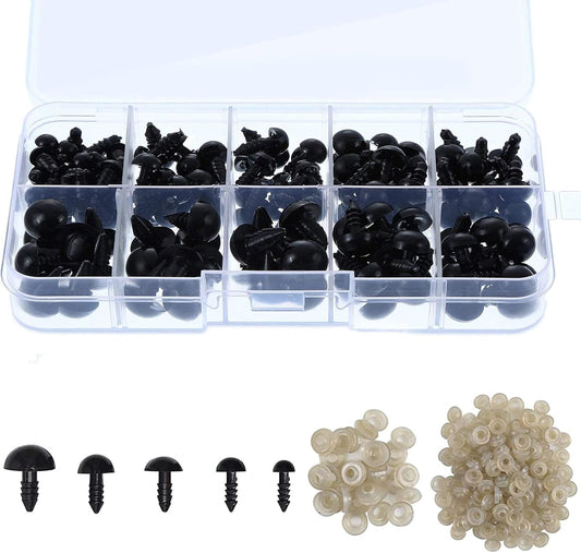 Safety Eyes, 100 Pcs Black Safety Eyes, Plastic Safety Eye and Washers for Doll, Plush Animal, Craft (5 Sizes)