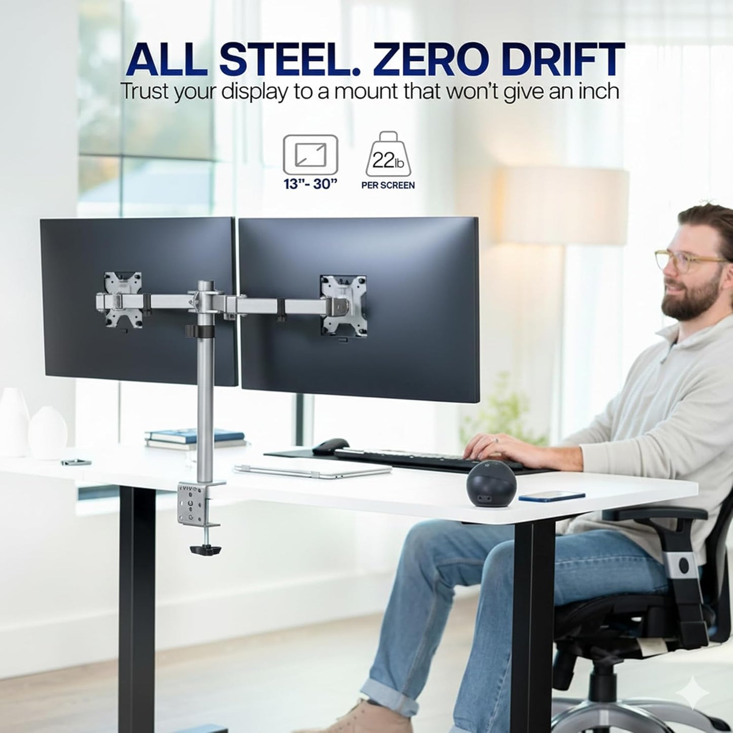 VIVO Dual-Monitor Tischhalterung, für 2 Bildschirme bis zu 30 Zoll und je 10 kg, Hochleistungs-Stahlständer voll verstellbar mit Klemme und Tülle, Schwarz, STAND-V002