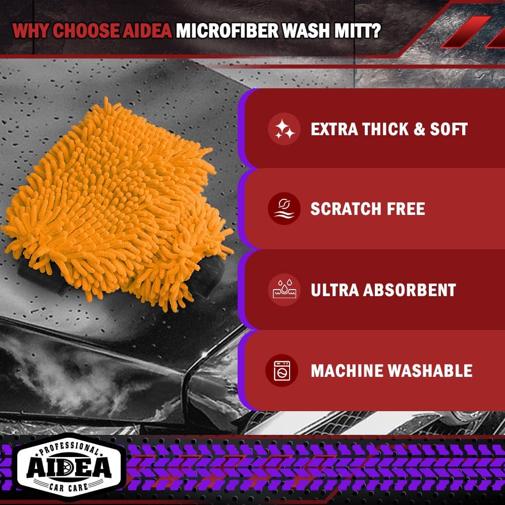 AIDEA Auto Waschhandschuh Mikrofaser, 2er Pack Kratzfrei Fusselfrei, Premium Chenille Mikrofaser Waschhandschuh Auto Waschbürste, Grün, Reguläre Größe 18,08 cm x 25,76 cm