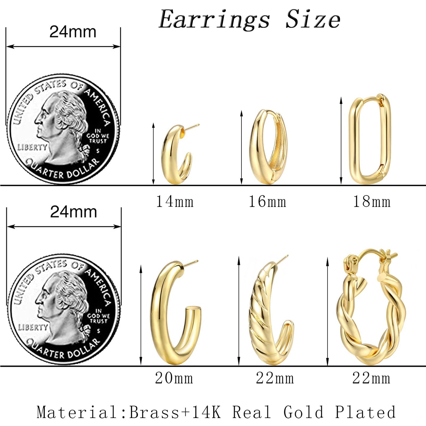 Creolen Set für Damen, 6 Paar 14K Vergoldet Leicht Hypoallergen Dick Offen Gedreht Creolen Ohrringe Pack Schmuck