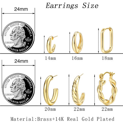 Creolen Set für Damen, 6 Paar 14K Vergoldet Leicht Hypoallergen Dick Offen Gedreht Creolen Ohrringe Pack Schmuck