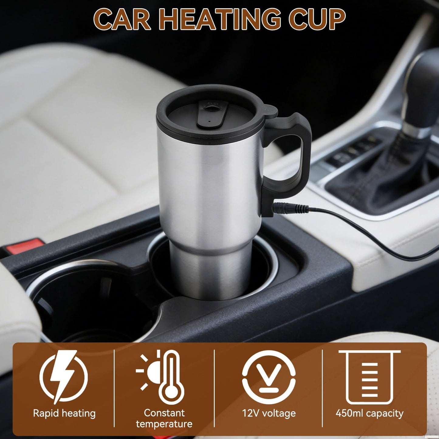 HERCHR 12V 450ml Auto-Heizbecher, Heißwasserkessel Elektrische Tragbare Auto-Elektrotasse Edelstahl Beheizter Reisebecher für Wasser Kaffee Milch Tee