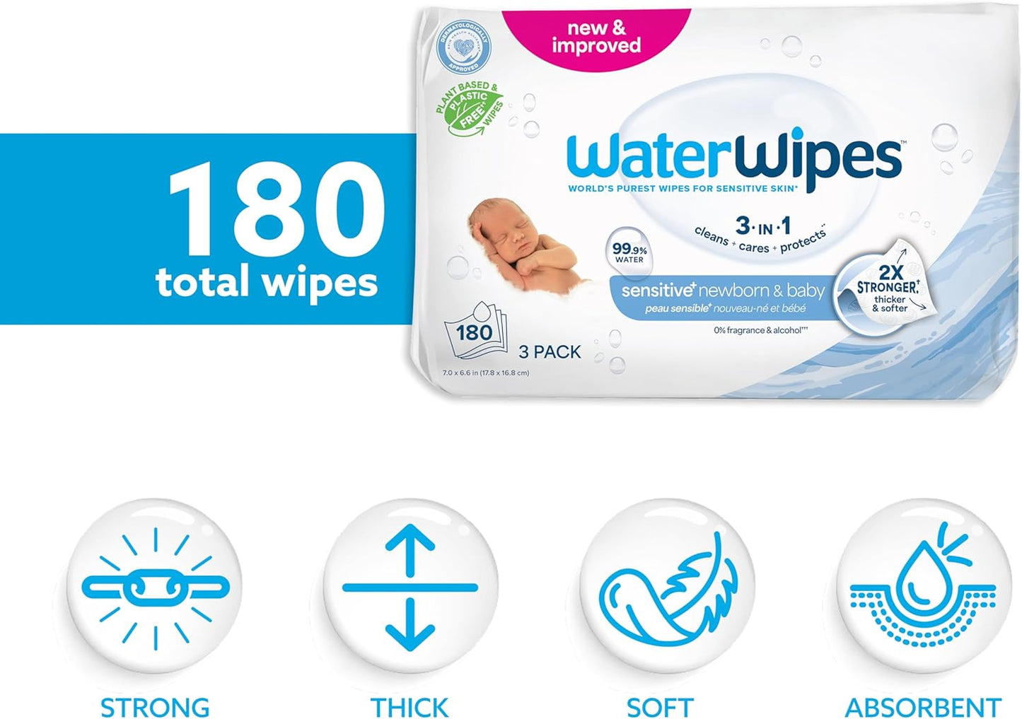 WaterWipes Sensitive+ Baby-Feuchttücher für Neugeborene und Babys, 3-in-1 reinigt, pflegt, schützt, 99,9 % Wasser, unparfümiert & hypoallergen, 720 Stück (12 Packungen)
