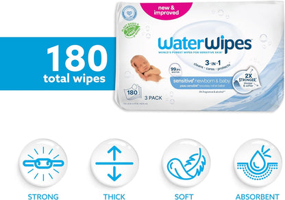 WaterWipes Sensitive+ Baby-Feuchttücher für Neugeborene und Babys, 3-in-1 reinigt, pflegt, schützt, 99,9 % Wasser, unparfümiert & hypoallergen, 720 Stück (12 Packungen)