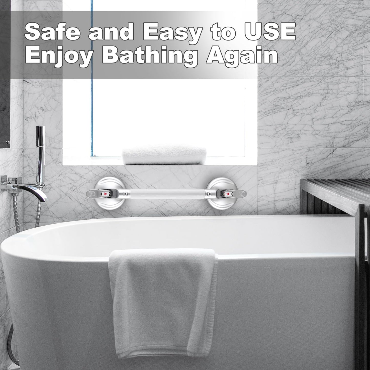 15-Inch Shower Handle - Upgraded Grab Bar with Strong Suction Cups for Bathtub & Shower Safety, Ideal for Seniors, Elderly, Disabled -Silver