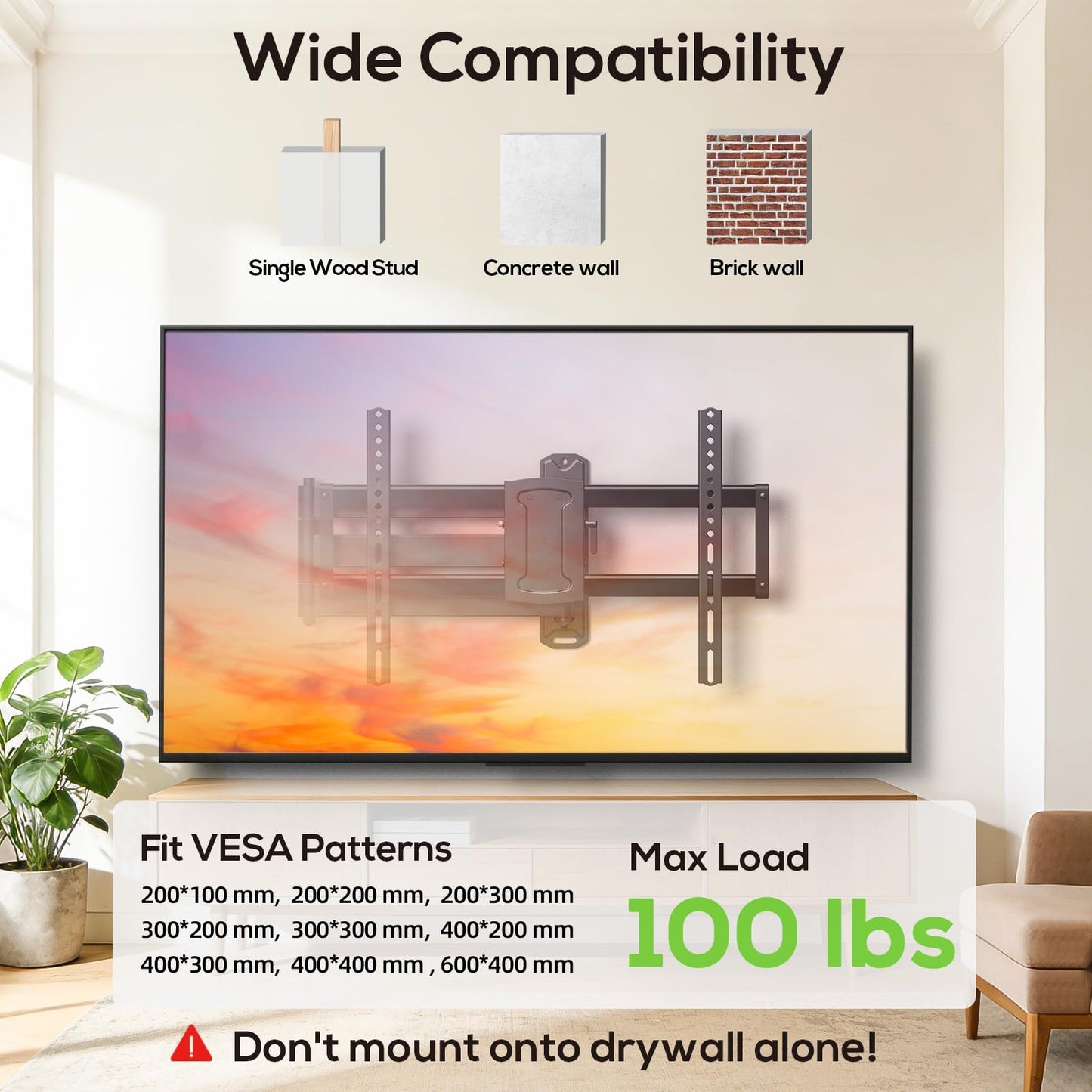 USX MOUNT Swivel TV Wall Mount for 26-60 Inch TVs up to 80 lbs, Single Articulating Arm, Full Motion TV Wall Mount Bracket with Swivel and Tilt, Max VESA 400x400mm