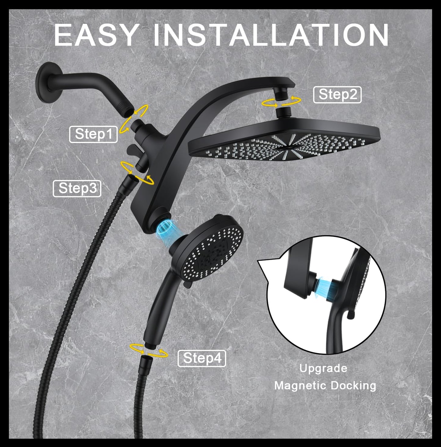 BOZYBO Rain Shower Head with Handheld: High Pressure Shower Heads with Handheld Spray Combo, 12" Rainfall Shower Head and 9 Sprays Hand Showerheads with Magnetic Docking and Power Jets, Chrome