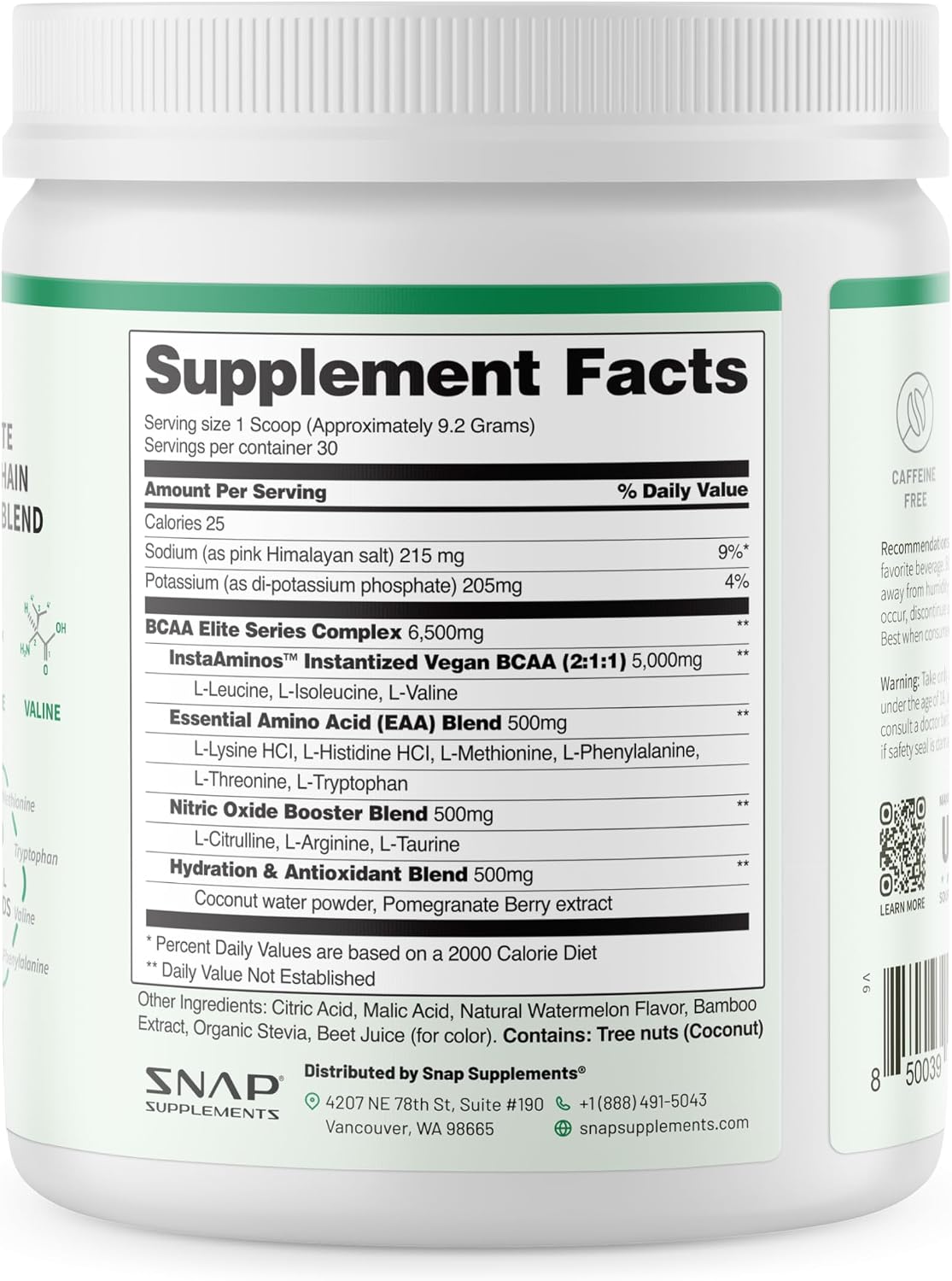 SNAP BCAA Powder Essential Amino Energy Supplement with Nitric Oxide Booster - Watermelon Flavor - Pre Workout Powder, Recovery Supplements Post Workout, Muscle Strength & Performance (30 Servings)