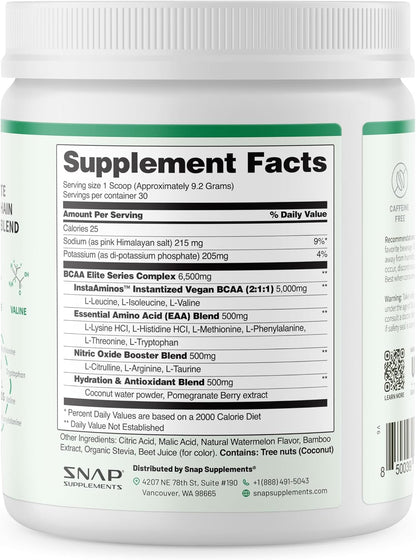 SNAP BCAA Powder Essential Amino Energy Supplement with Nitric Oxide Booster - Watermelon Flavor - Pre Workout Powder, Recovery Supplements Post Workout, Muscle Strength & Performance (30 Servings)