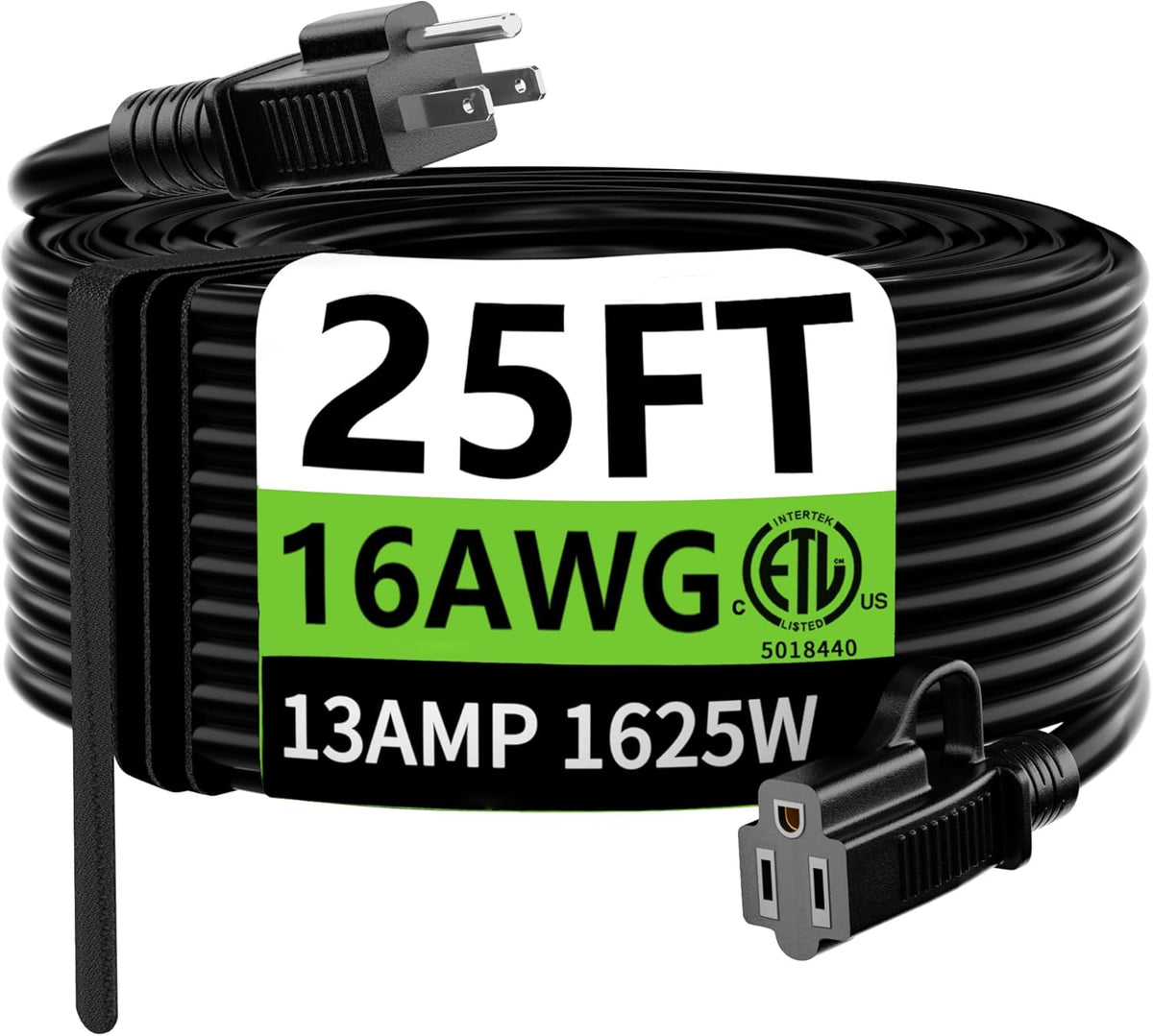 HUANCHAIN Indoor Outdoor Black Extension Cord 25 ft Waterproof, 16/3 Gauge Flexible Cold-Resistant Appliance Cable Outside, 13A 1625W 16AWG SJTW, 3 Prong Electric Cord, ETL