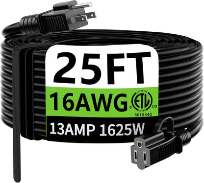 HUANCHAIN Indoor Outdoor Black Extension Cord 25 ft Waterproof, 16/3 Gauge Flexible Cold-Resistant Appliance Cable Outside, 13A 1625W 16AWG SJTW, 3 Prong Electric Cord, ETL