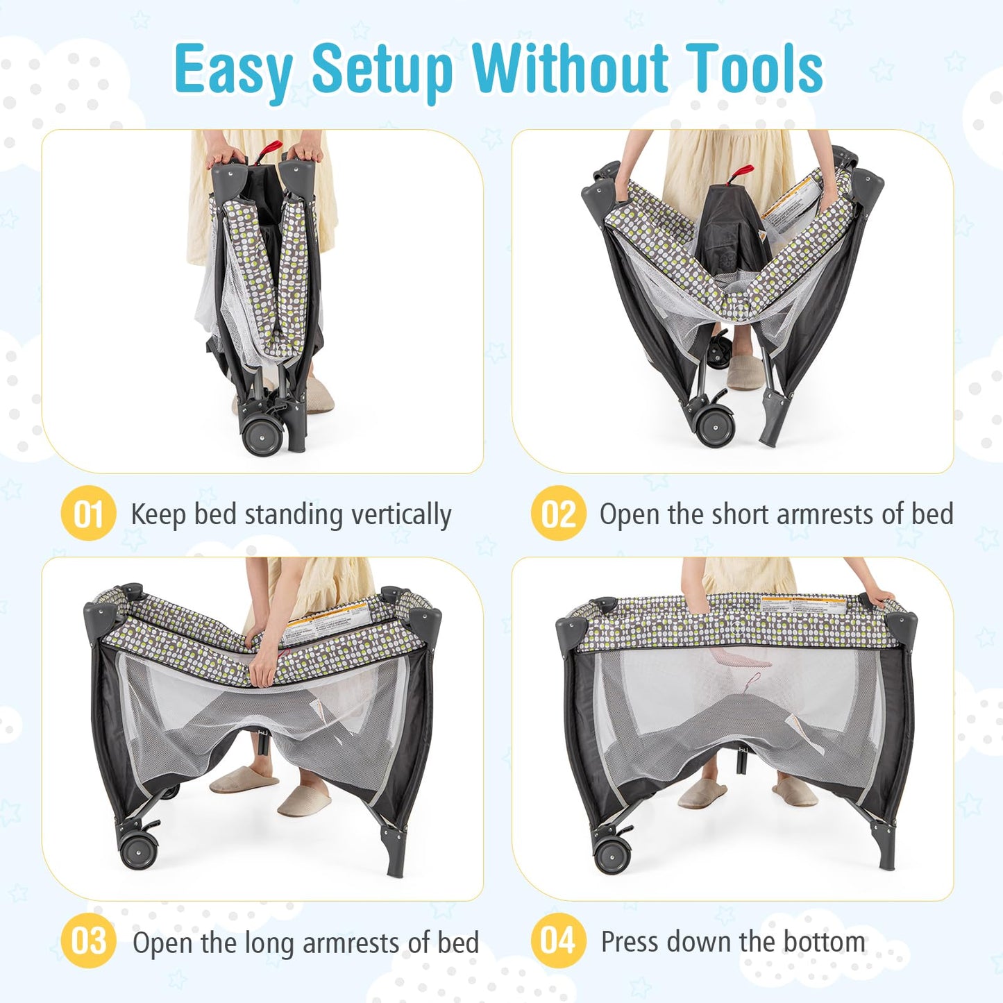 BABY JOY 4 in 1 Pack and Play with Canopy, Portable Baby Playard with Bassinet, Double-Layer Baby Crib, Wheels & Brake, Foldable Baby Girl Pink Bassinet from Newborn to Toddler