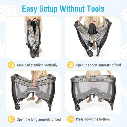 BABY JOY 4 in 1 Pack and Play with Canopy, Portable Baby Playard with Bassinet, Double-Layer Baby Crib, Wheels & Brake, Foldable Baby Girl Pink Bassinet from Newborn to Toddler