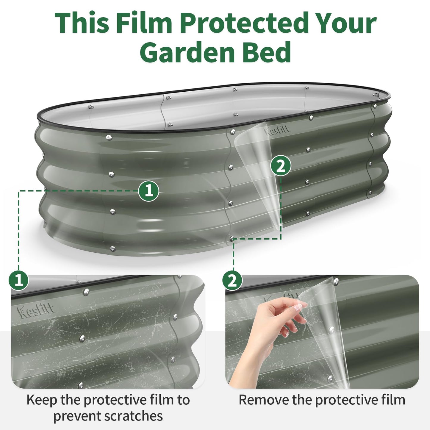 Kesfitt Raised Garden Bed, 5x2x1 FT Galvanized Steel Metal Raised Garden Bed, Oval Open-Bottom Design, 12-Inch Deep for Outdoor Vegetable & Herb Gardening, Fruit Green