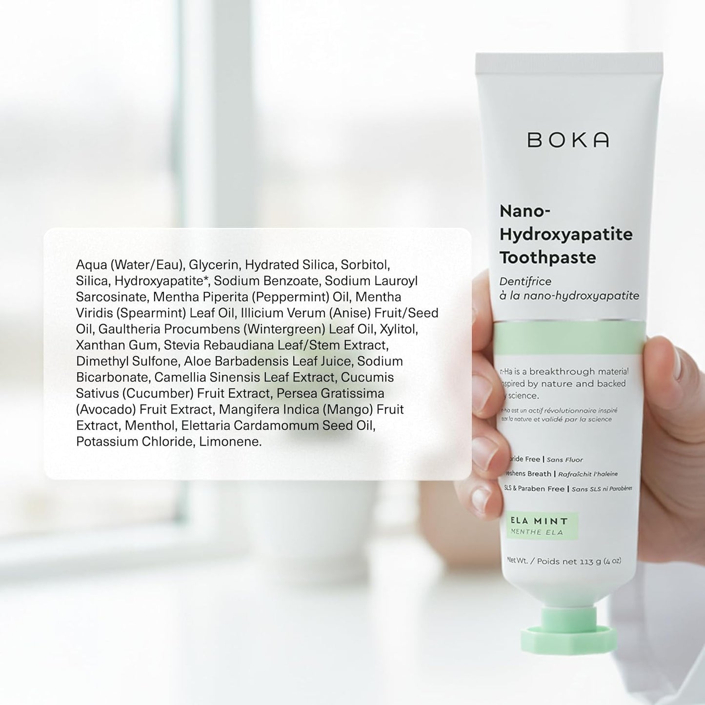 Boka Fluoridfreie Zahnpasta, Nano-Hydroxyapatit-Zahnpasta, geeignet für empfindliche Zähne – für Erwachsene, Kinder Mundpflege – Ela Mint Geschmack, 113 g (4 Fl Oz) 1 Stk