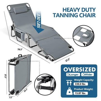 Tanning Chair with Face Hole, Adjustable Folding Chaise Lounge Chairs for Outside with Detachable Pillow & Pocket，Portable flat beach chairs for sunbathing, beach lawns camping (Purple, Standard)