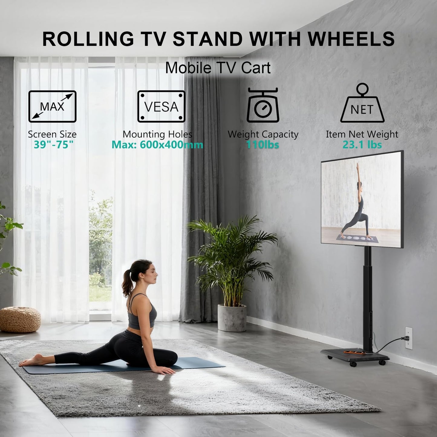WALI Rolling TV Stand with Power Outlet & AV Shelf, Mobile Tall TV Stand Mount on Wheels for 34-75 inch TV up to 110 lbs, Swivel Height Adjustable TV Cart with Wood Base for Bedroom(TVDVD-6PRW), White