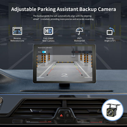 Madoec Tragbarer Apple Carplay Bildschirm fürs Auto, 9" Kabelloses Apple Carplay & Android Auto, 4K Dashcam, 1080p Rückfahrkamera DVR, Autoradio Empfänger GPS Navigation Mirror Link, Bluetooth, FM, Siri