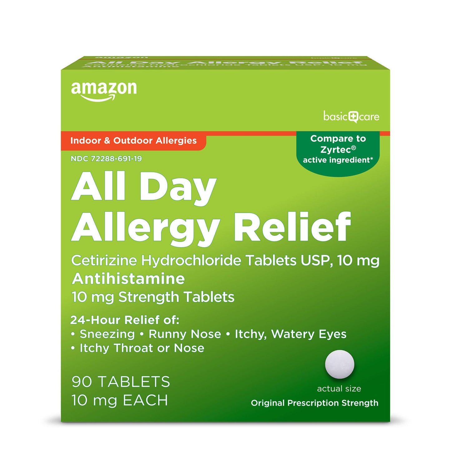 Amazon Basic Care All Day Allergy,Cetirizine Hydrochloride Tablets,10 mg,24-Hour Relief for Sneezing,Runny Nose,Itchy Eyes&Throat,Indoor&Outdoor Allergy Relief,30 Count (Packaging may vary)(Pack of 2)