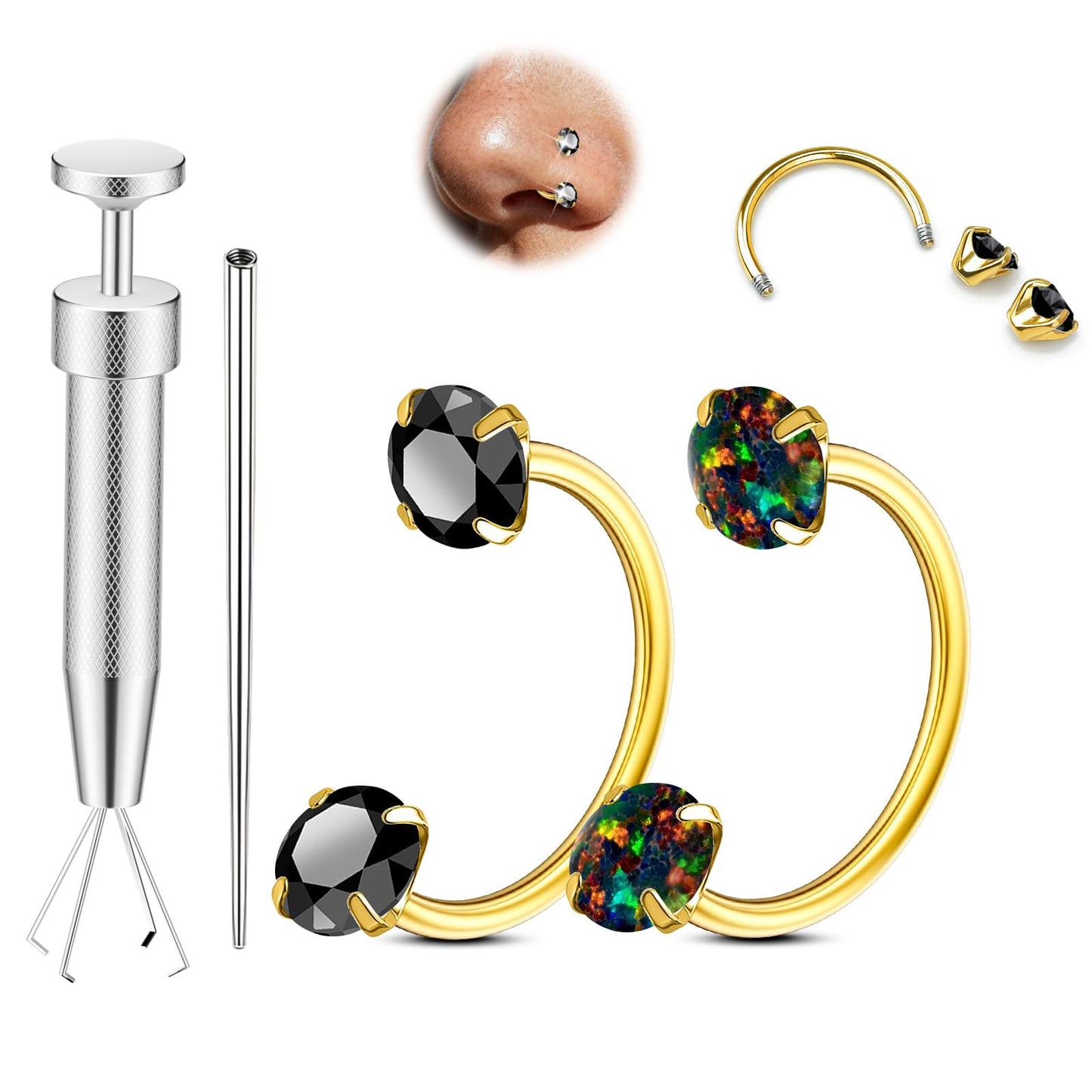 Opal Nose Ring Studs Horseshoe Nose Rings Hoops Stud 316L Stainless Steel Nose Rings Round CZ Square Screw L Shaped Nose Stud Hypoallergenic Nostril Piercing Jewelry for Women Men