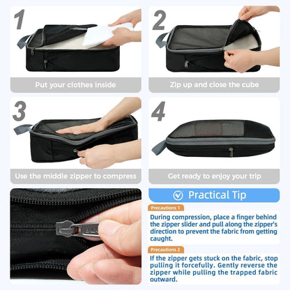 BAGAIL 4er-Set Kompressions-Packwürfel Reise-erweiterbare Packorganizer (Schwarz, 4er-Set)