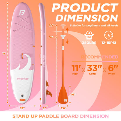 FBSPORT 11' Premium Stand Up Paddle Board, Yoga Board with SUP Accessories & Carry Bag | Wide Stance, Surf Control, Non-Slip Deck, Leash, Paddle and Pump for Youth & Adult