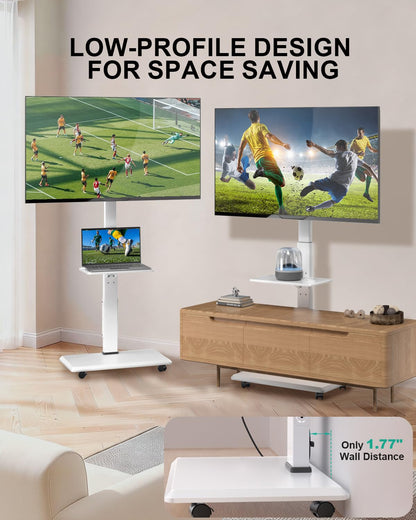 WALI Rolling TV Stand with Power Outlet & AV Shelf, Mobile Tall TV Stand Mount on Wheels for 34-75 inch TV up to 110 lbs, Swivel Height Adjustable TV Cart with Wood Base for Bedroom(TVDVD-6PRW), White