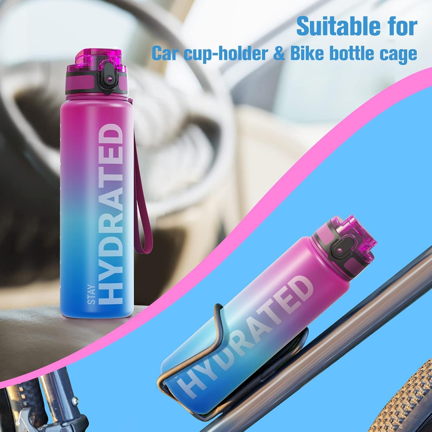 Sahara Sailor Trinkflasche, 950ml Motivations-Sportflasche mit Zeitmarkierung – Trinkzeiten – Tritan, BPA-frei, weite Öffnung auslaufsicher, Fast-Flow-Technologie mit Reinigungsbürste (1 Flasche)